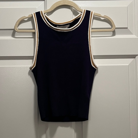 NWT Caroline Constas Deep Blue Ribbed Tank with White and Gold Trim - Picture 1 of 3